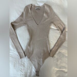 Beige Ribbed Knit Long-sleeve Bodysuit